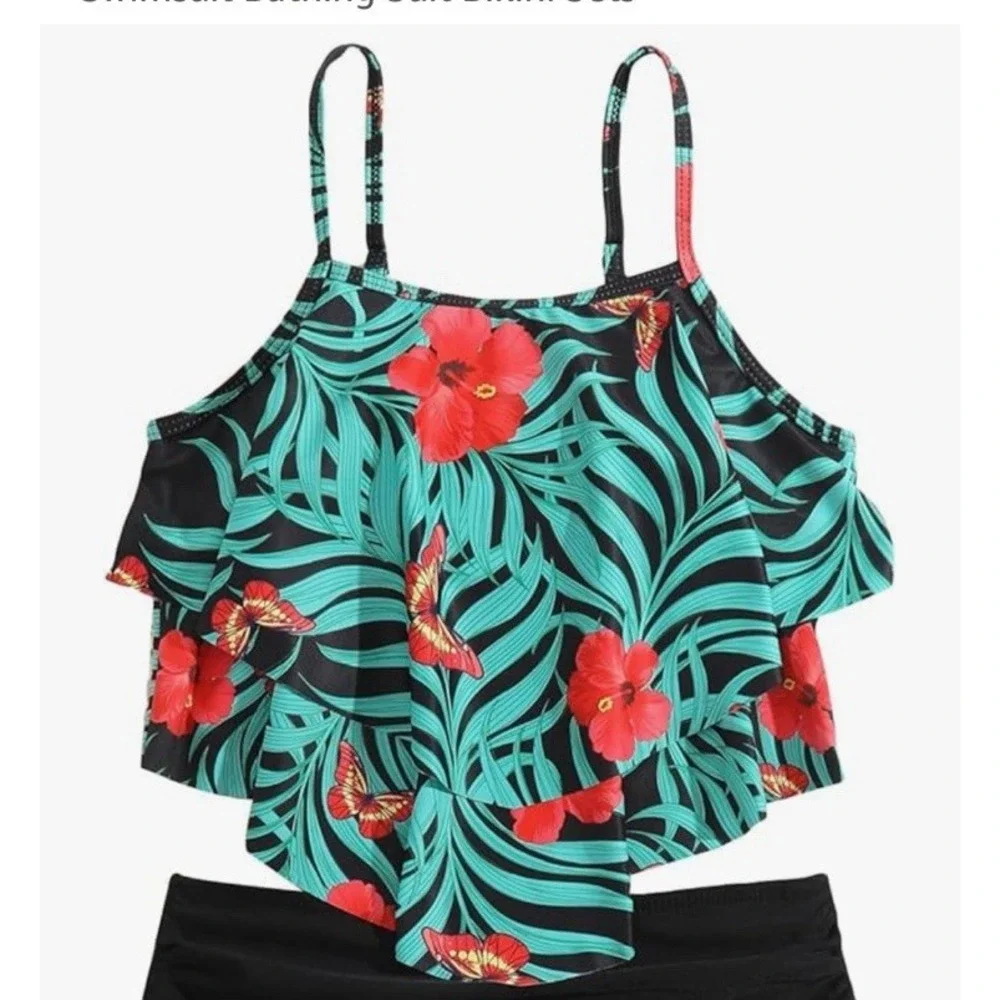 Tankini Top Tropical Hibiscus Butterfly‎ Tiered Poolside Size Teen 13-14Y